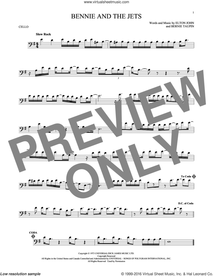 Bennie And The Jets sheet music for cello solo by Elton John and Bernie Taupin, intermediate skill level