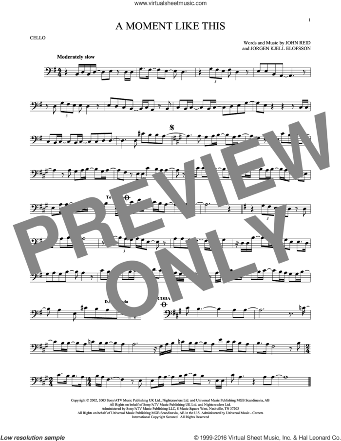 A Moment Like This sheet music for cello solo by Kelly Clarkson, John Reid and Jorgen Elofsson, intermediate skill level