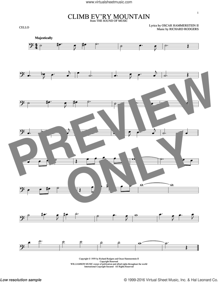 Climb Ev'ry Mountain sheet music for cello solo by Rodgers & Hammerstein, Margery McKay, Patricia Neway, Tony Bennett, Oscar II Hammerstein and Richard Rodgers, intermediate skill level