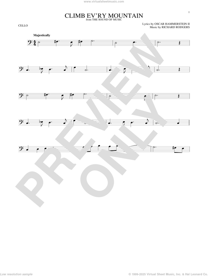 Climb Ev'ry Mountain sheet music for cello solo by Rodgers & Hammerstein, Margery McKay, Patricia Neway, Tony Bennett, Oscar II Hammerstein and Richard Rodgers, intermediate skill level