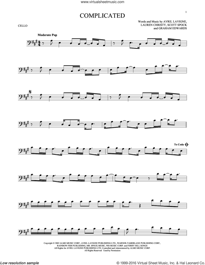 Complicated sheet music for cello solo by Avril Lavigne, Graham Edwards, Lauren Christy and Scott Spock, intermediate skill level