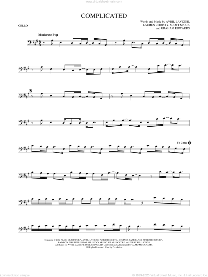 Complicated sheet music for cello solo by Avril Lavigne, Graham Edwards, Lauren Christy and Scott Spock, intermediate skill level