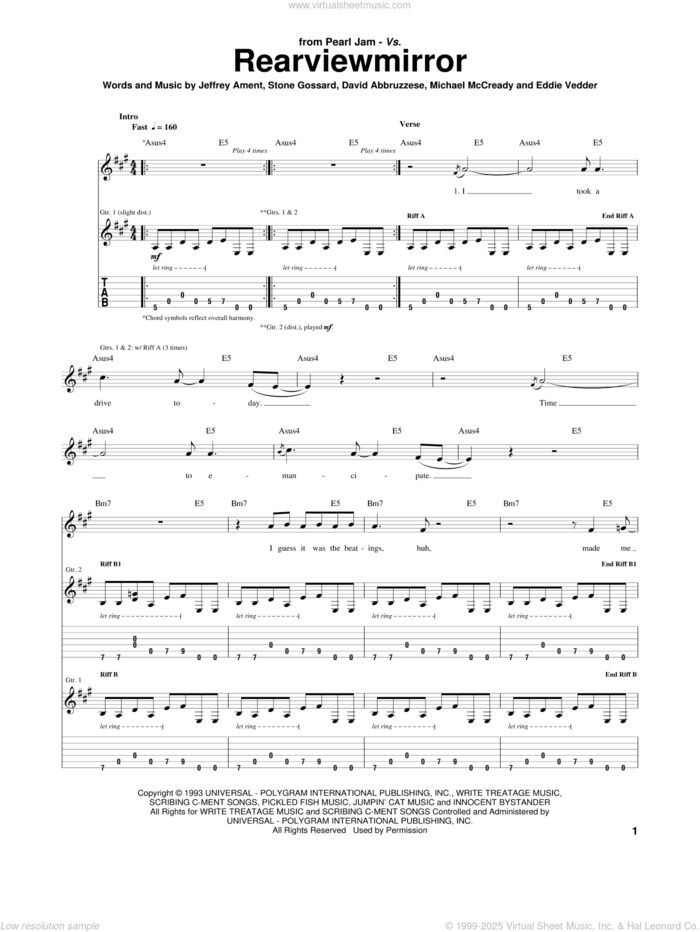 Rearviewmirror sheet music for guitar (tablature) by Pearl Jam, David Abbruzzese, Eddie Vedder, Jeffrey Ament, Michael McCready and Stone Gossard, intermediate skill level