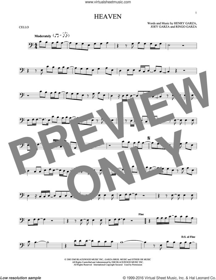 Heaven sheet music for cello solo by Los Lonely Boys, Henry Garza, Joey Garza and Ringo Garza, intermediate skill level