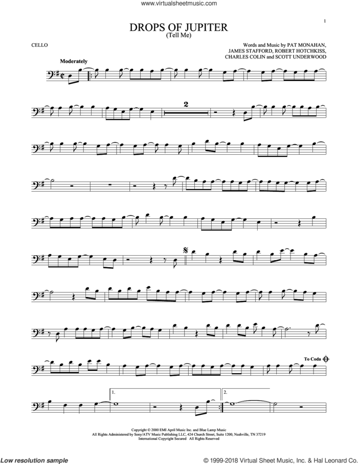 Drops Of Jupiter (Tell Me) sheet music for cello solo by Train, Charles Colin, James Stafford, Pat Monahan, Robert Hotchkiss and Scott Underwood, intermediate skill level