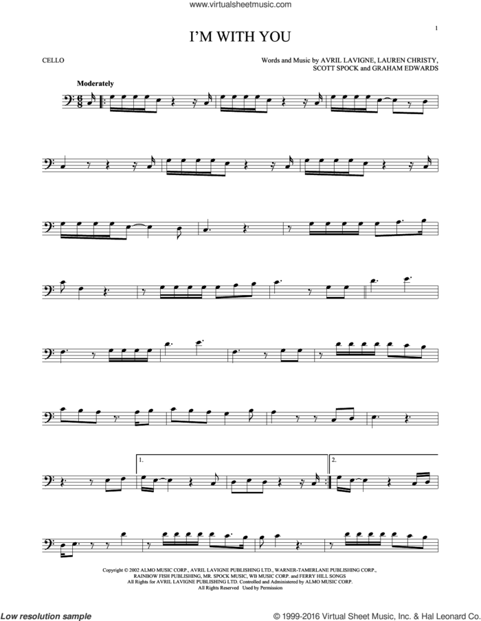 I'm With You sheet music for cello solo by Avril Lavigne, Graham Edwards, Lauren Christy and Scott Spock, intermediate skill level