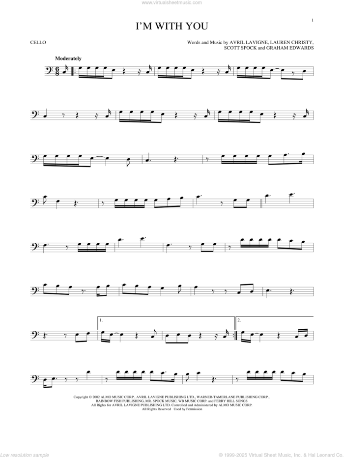 I'm With You sheet music for cello solo by Avril Lavigne, Graham Edwards, Lauren Christy and Scott Spock, intermediate skill level