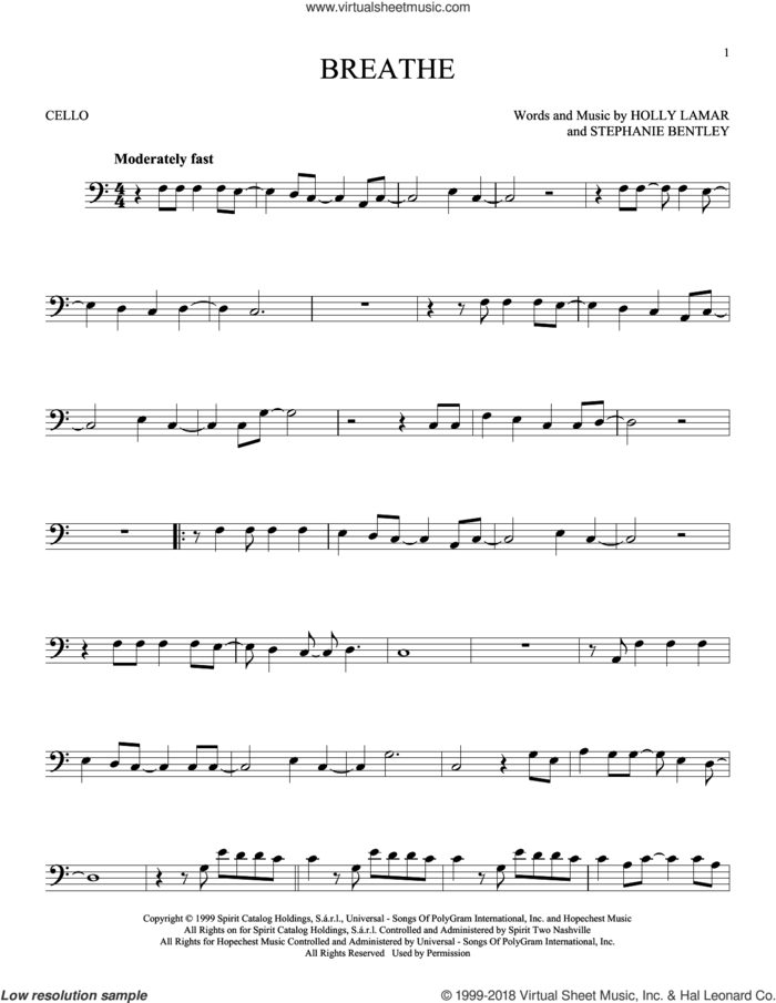 Breathe sheet music for cello solo by Faith Hill, Holly Lamar and Stephanie Bentley, intermediate skill level
