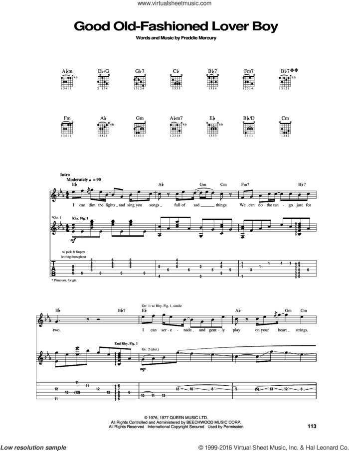 Good Old-Fashioned Lover Boy sheet music for guitar (tablature) by Queen and Freddie Mercury, intermediate skill level