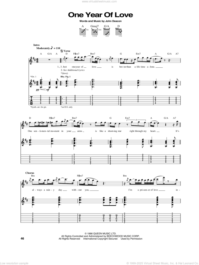 One Year Of Love sheet music for guitar (tablature) by Queen and John Deacon, intermediate skill level