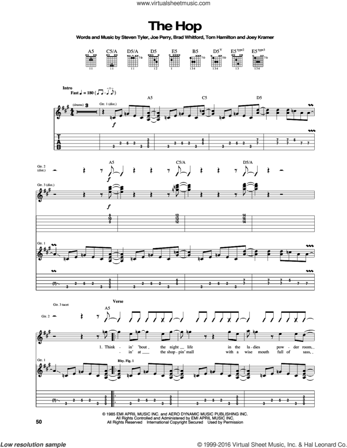 The Hop sheet music for guitar (tablature) by Aerosmith, Brad Whitford, Joe Perry, Joey Kramer, Steven Tyler and Tom Hamilton, intermediate skill level
