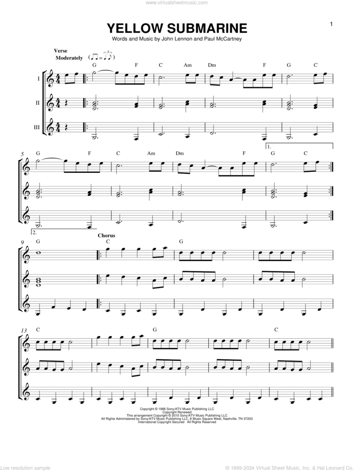 Yellow Submarine sheet music for guitar ensemble by The Beatles, John Lennon and Paul McCartney, intermediate skill level