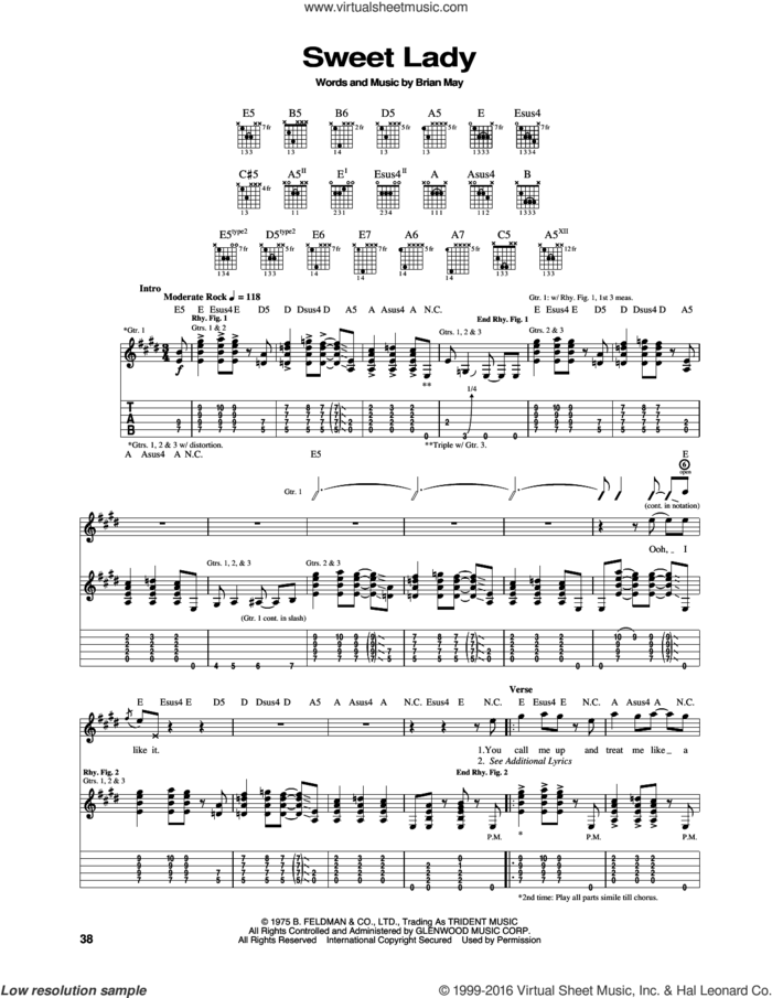 Sweet Lady sheet music for guitar (tablature) by Queen and Brian May, intermediate skill level