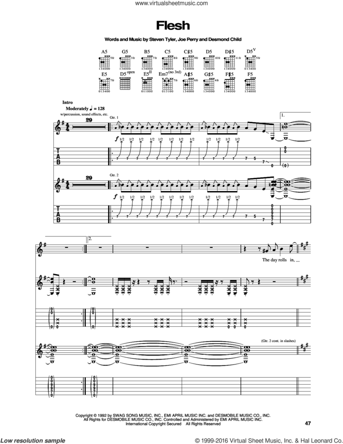 Flesh sheet music for guitar (tablature) by Aerosmith, Desmond Child, Joe Perry and Steven Tyler, intermediate skill level