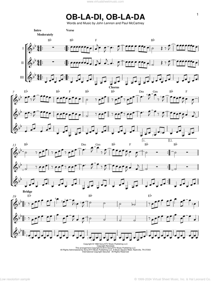 Ob-La-Di, Ob-La-Da sheet music for guitar ensemble by The Beatles, John Lennon and Paul McCartney, intermediate skill level