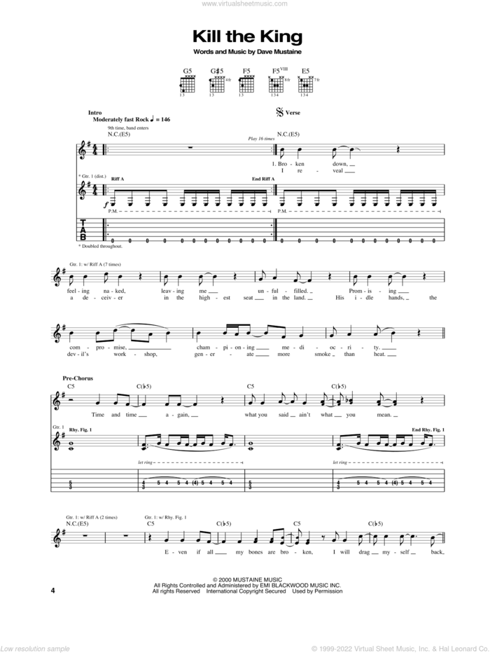 Kill The King sheet music for guitar (tablature) by Megadeth and Dave Mustaine, intermediate skill level