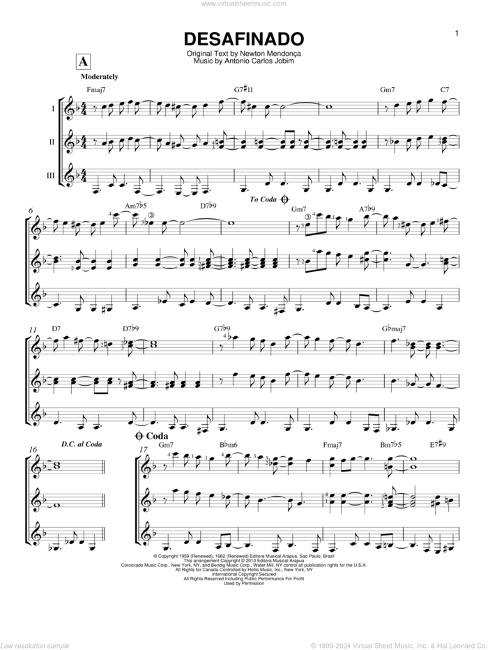 Desafinado sheet music for guitar ensemble by Antonio Carlos Jobim, Newton MendonAAa and Newton Mendonca, intermediate skill level