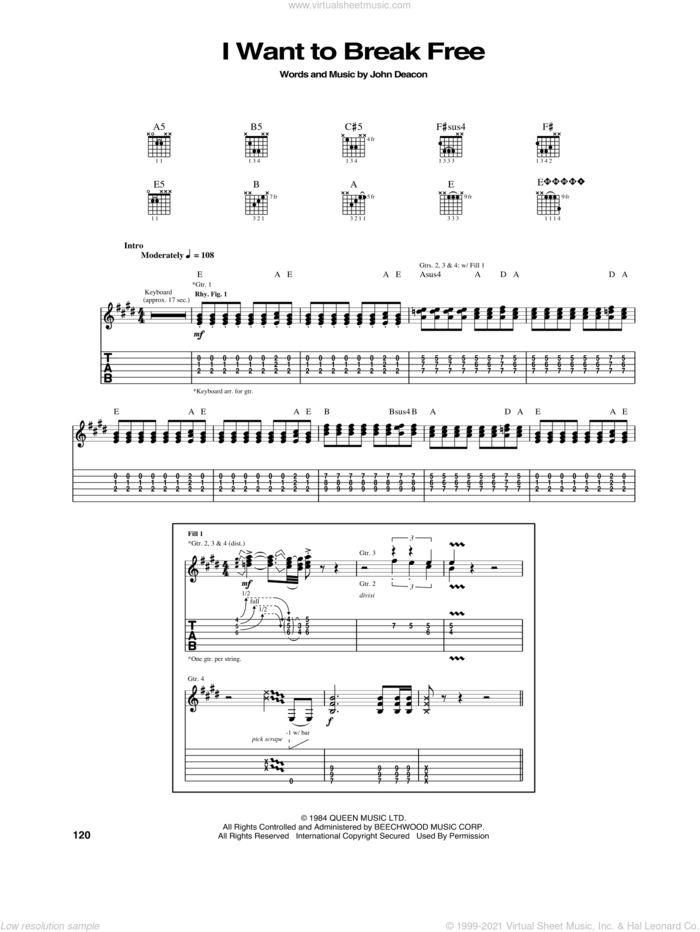 I Want To Break Free sheet music for guitar (tablature) by Queen and John Deacon, intermediate skill level
