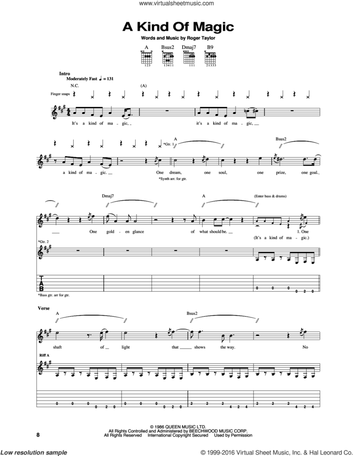A Kind Of Magic sheet music for guitar (tablature) by Queen and Roger Taylor, intermediate skill level