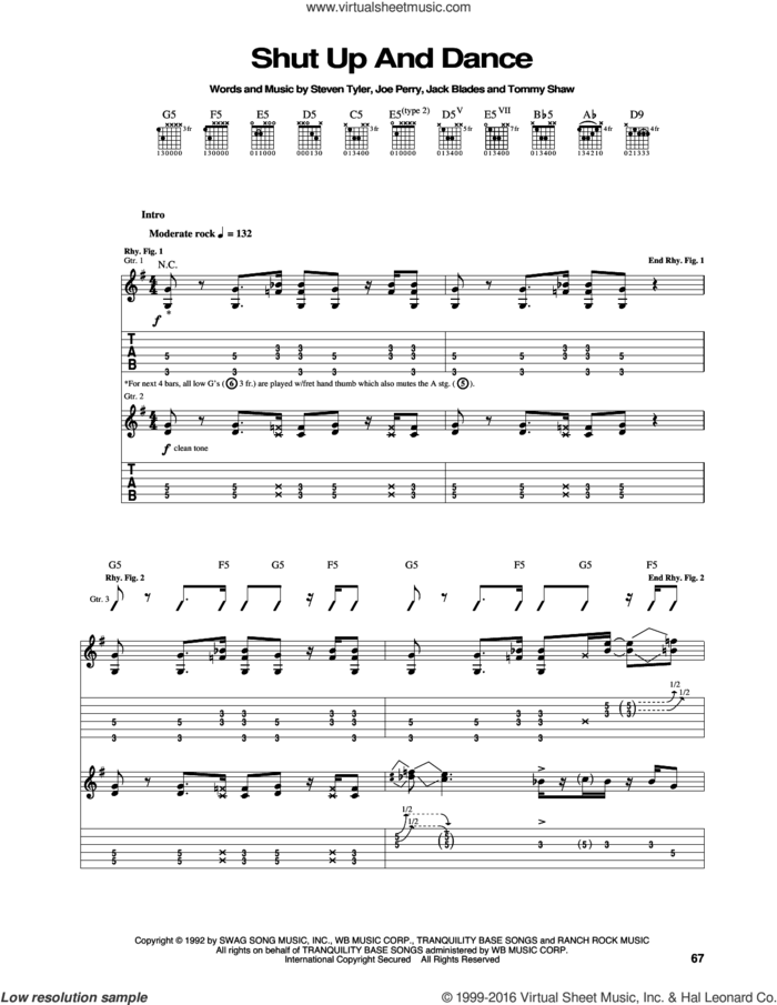 Shut Up And Dance sheet music for guitar (tablature) by Aerosmith, Jack Blades, Joe Perry, Steven Tyler and Tommy Shaw, intermediate skill level