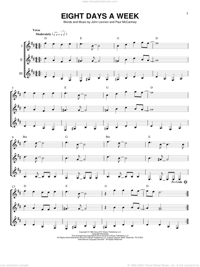 Eight Days A Week sheet music for guitar ensemble by The Beatles, John Lennon and Paul McCartney, intermediate skill level