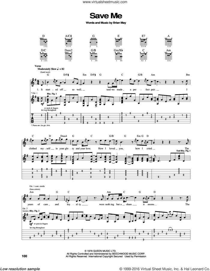 Save Me sheet music for guitar (tablature) by Queen and Brian May, intermediate skill level