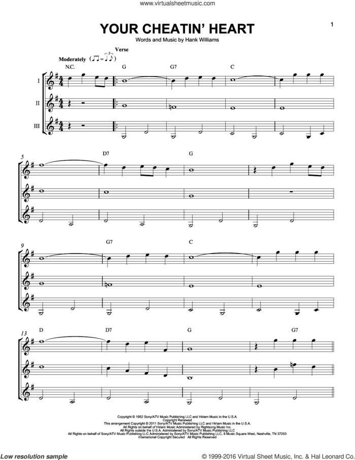 Your Cheatin' Heart sheet music for guitar ensemble by Hank Williams and Patsy Cline, intermediate skill level