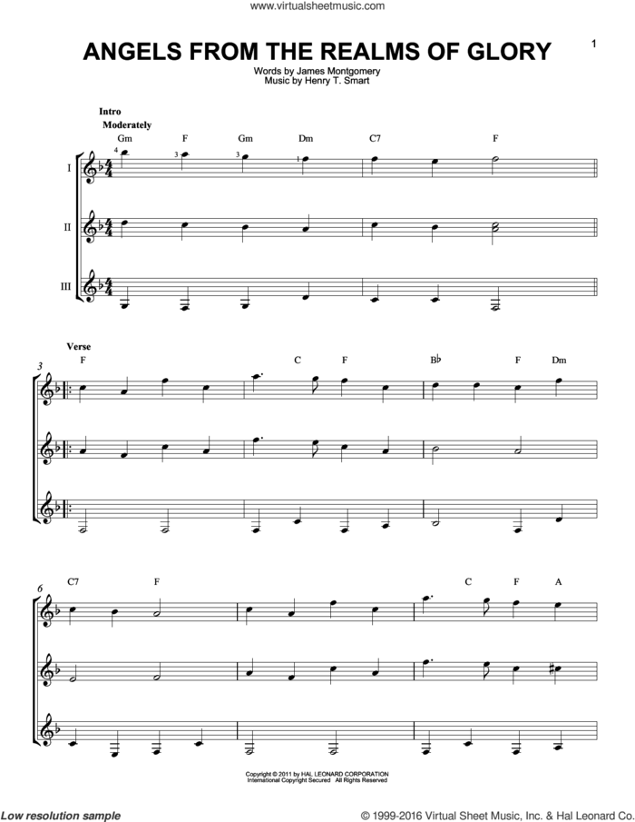 Angels From The Realms Of Glory sheet music for guitar ensemble by James Montgomery and Henry T. Smart, intermediate skill level
