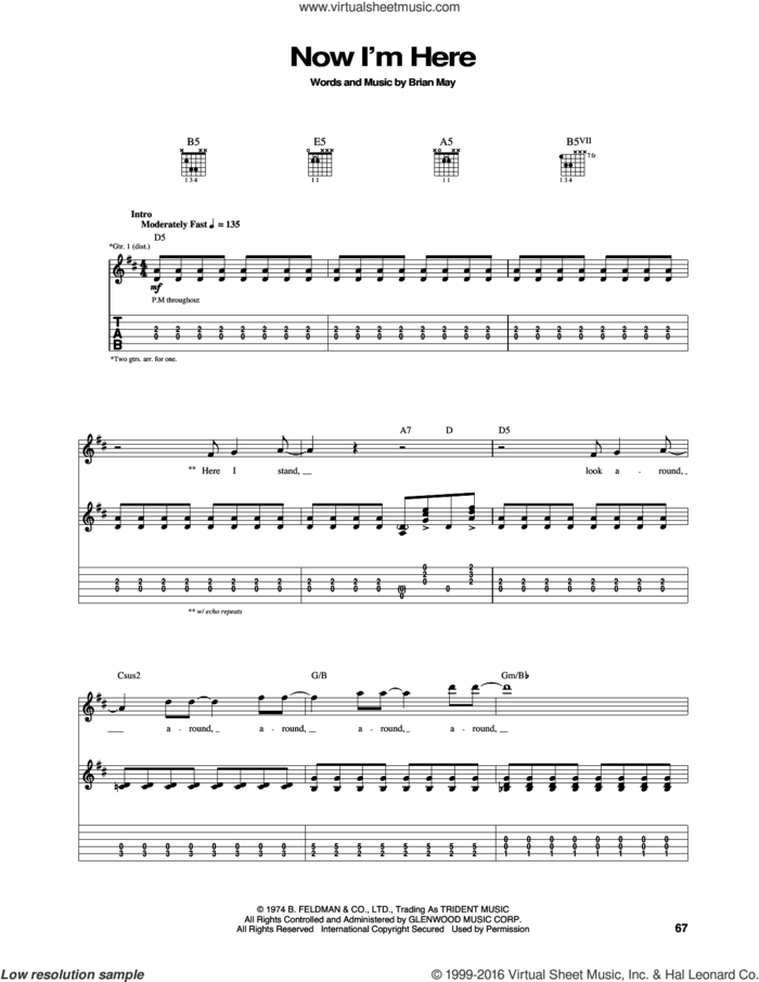 Now I'm Here sheet music for guitar (tablature) by Queen and Brian May, intermediate skill level