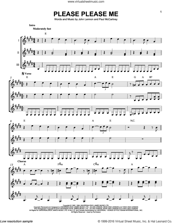 Please Please Me sheet music for guitar ensemble by The Beatles, John Lennon and Paul McCartney, intermediate skill level