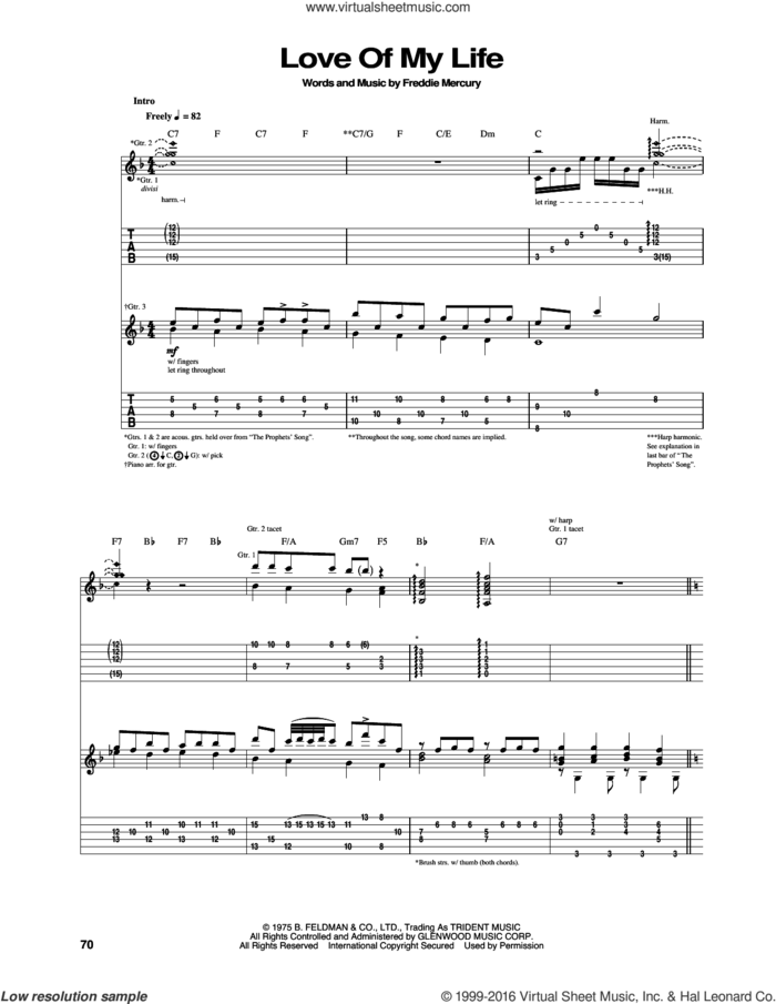 Love Of My Life sheet music for guitar (tablature) by Queen and Freddie Mercury, intermediate skill level