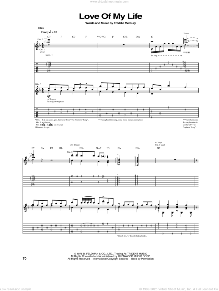 Love Of My Life sheet music for guitar (tablature) by Queen and Freddie Mercury, intermediate skill level