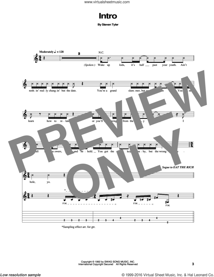 Intro sheet music for guitar (tablature) by Aerosmith and Steven Tyler, intermediate skill level