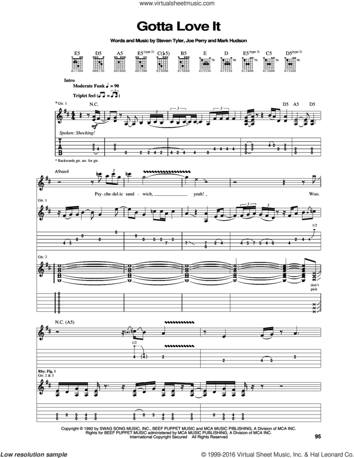 Gotta Love It sheet music for guitar (tablature) by Aerosmith, Joe Perry, Mark Hudson and Steven Tyler, intermediate skill level