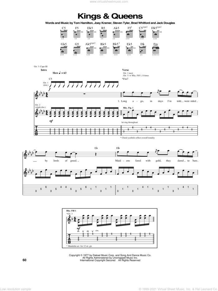 Kings and Queens sheet music for guitar (tablature) by Aerosmith, Brad Whitford, Jack Douglas, Joey Kramer, Steven Tyler and Tom Hamilton, intermediate skill level