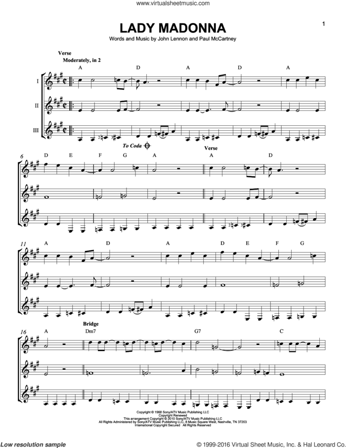 Lady Madonna sheet music for guitar ensemble by The Beatles, John Lennon and Paul McCartney, intermediate skill level