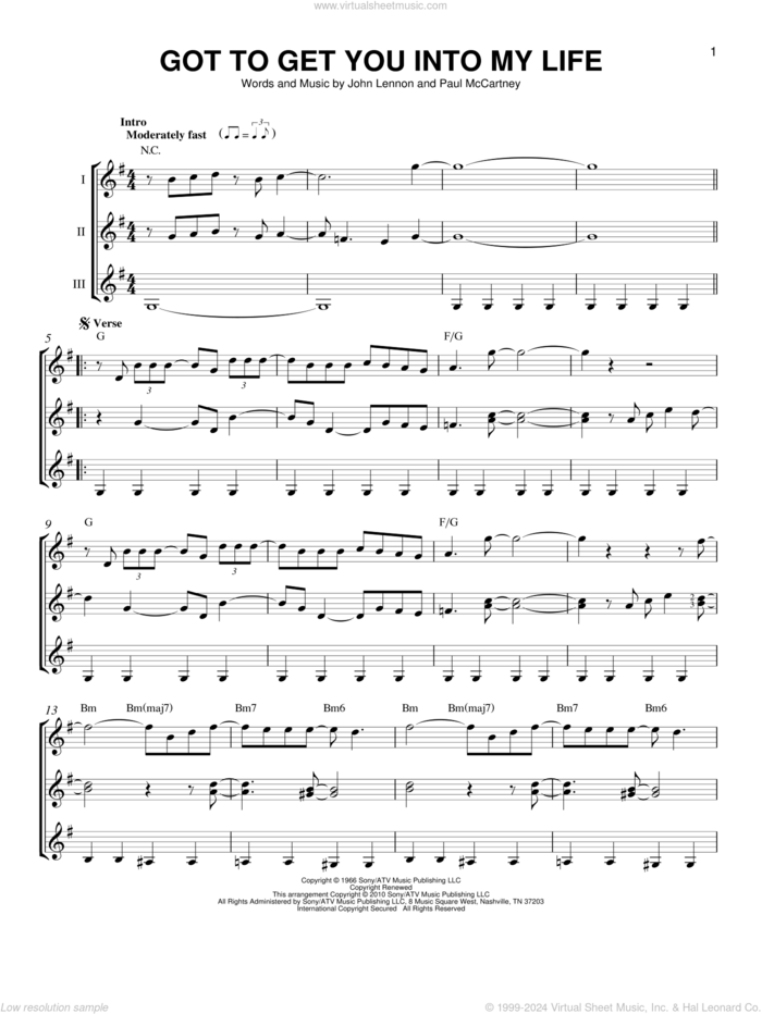 Got To Get You Into My Life sheet music for guitar ensemble by The Beatles, Blood, Sweat & Tears, Earth, Wind & Fire, John Lennon and Paul McCartney, intermediate skill level