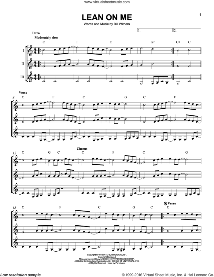 Lean On Me sheet music for guitar ensemble by Bill Withers, intermediate skill level