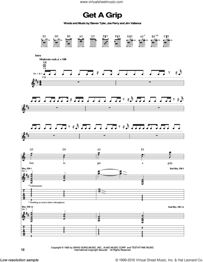 Get A Grip sheet music for guitar (tablature) by Aerosmith, Jim Vallance, Joe Perry and Steven Tyler, intermediate skill level