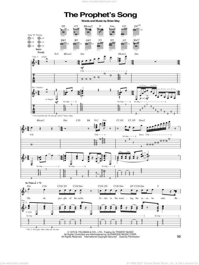 The Prophet's Song sheet music for guitar (tablature) by Queen and Brian May, intermediate skill level