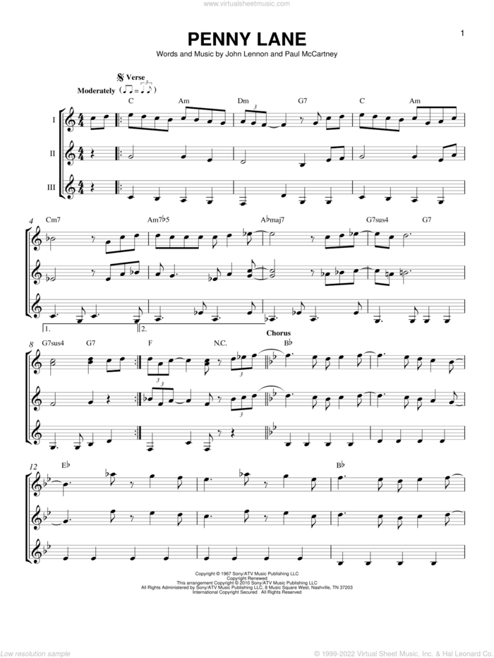 Penny Lane sheet music for guitar ensemble by The Beatles, John Lennon and Paul McCartney, intermediate skill level