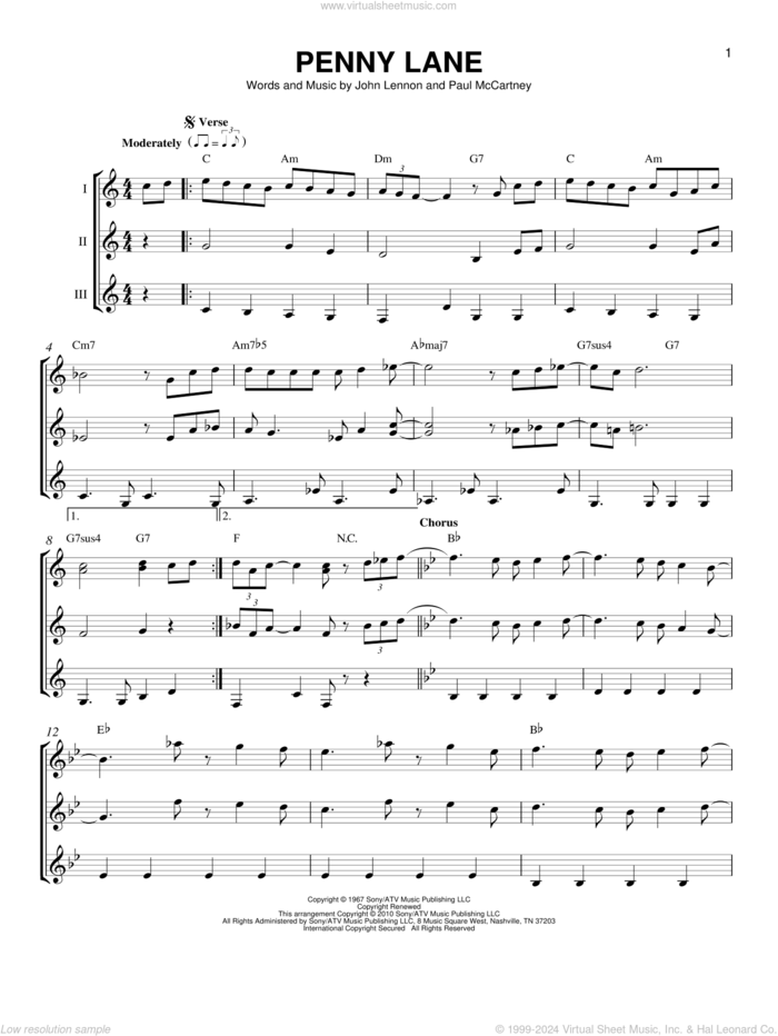 Penny Lane sheet music for guitar ensemble by The Beatles, John Lennon and Paul McCartney, intermediate skill level