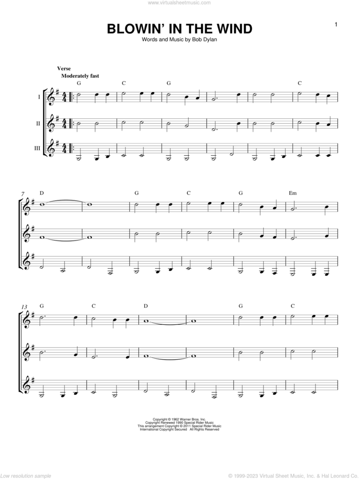 Blowin' In The Wind sheet music for guitar ensemble by Bob Dylan, Peter, Paul & Mary and Stevie Wonder, intermediate skill level