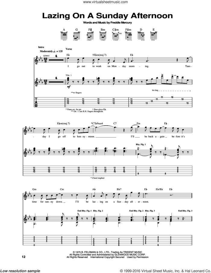 Lazing On A Sunday Afternoon sheet music for guitar (tablature) by Queen and Freddie Mercury, intermediate skill level