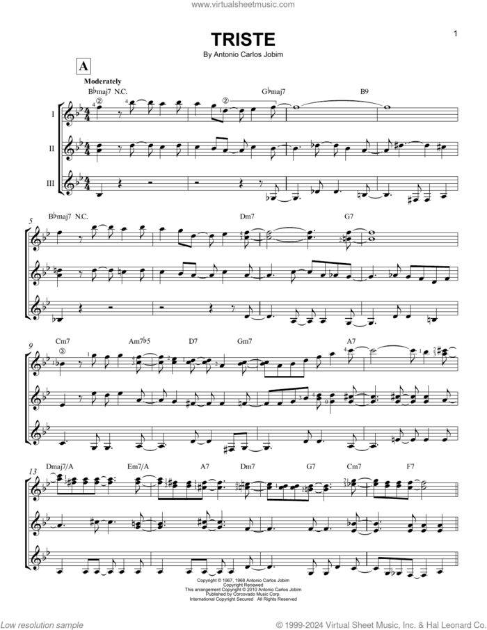 Triste sheet music for guitar ensemble by Antonio Carlos Jobim, intermediate skill level