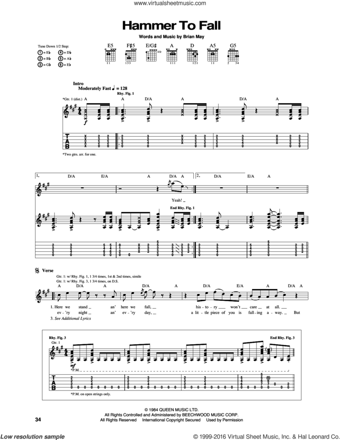 Hammer To Fall sheet music for guitar (tablature) by Queen and Brian May, intermediate skill level