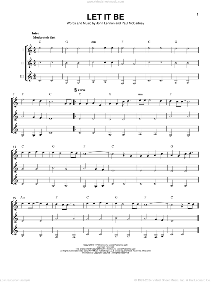 Let It Be sheet music for guitar ensemble by The Beatles, Kris Allen, John Lennon and Paul McCartney, intermediate skill level