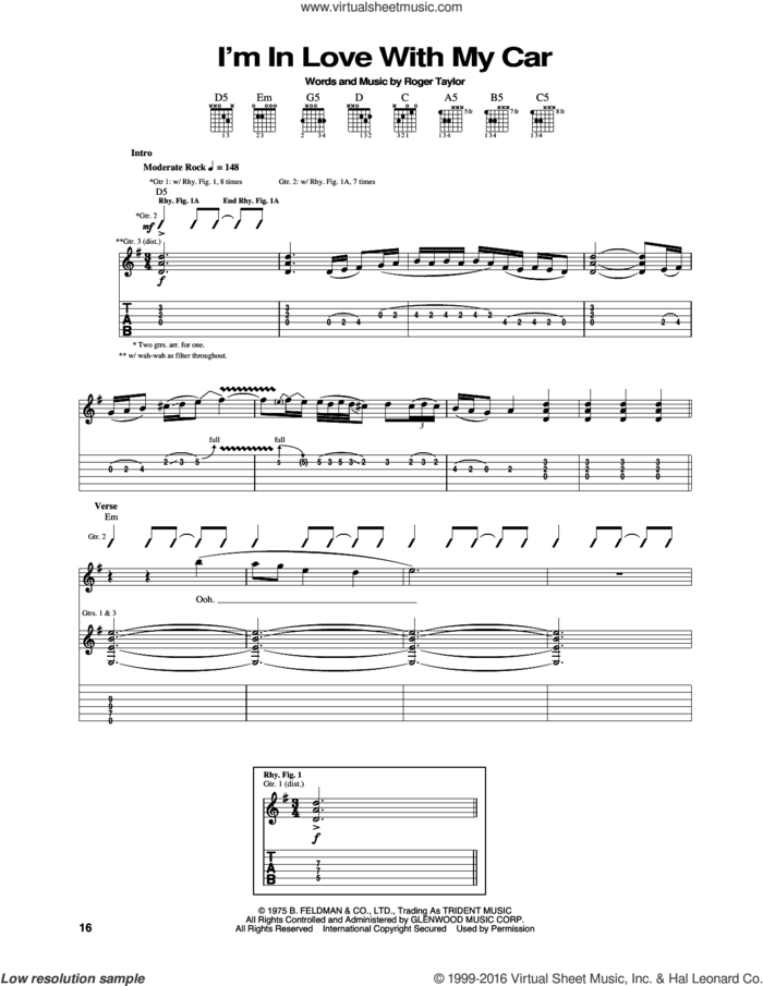 I'm In Love With My Car sheet music for guitar (tablature) by Queen and Roger Taylor, intermediate skill level