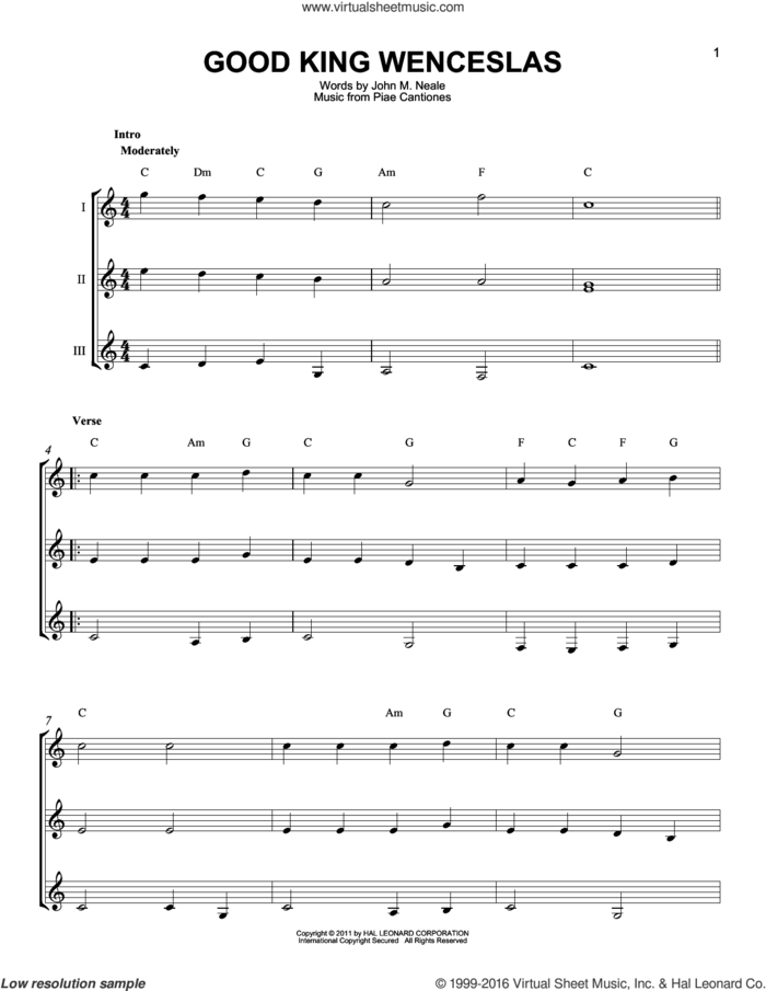 Good King Wenceslas sheet music for guitar ensemble by Piae Cantiones and John Mason Neale, intermediate skill level