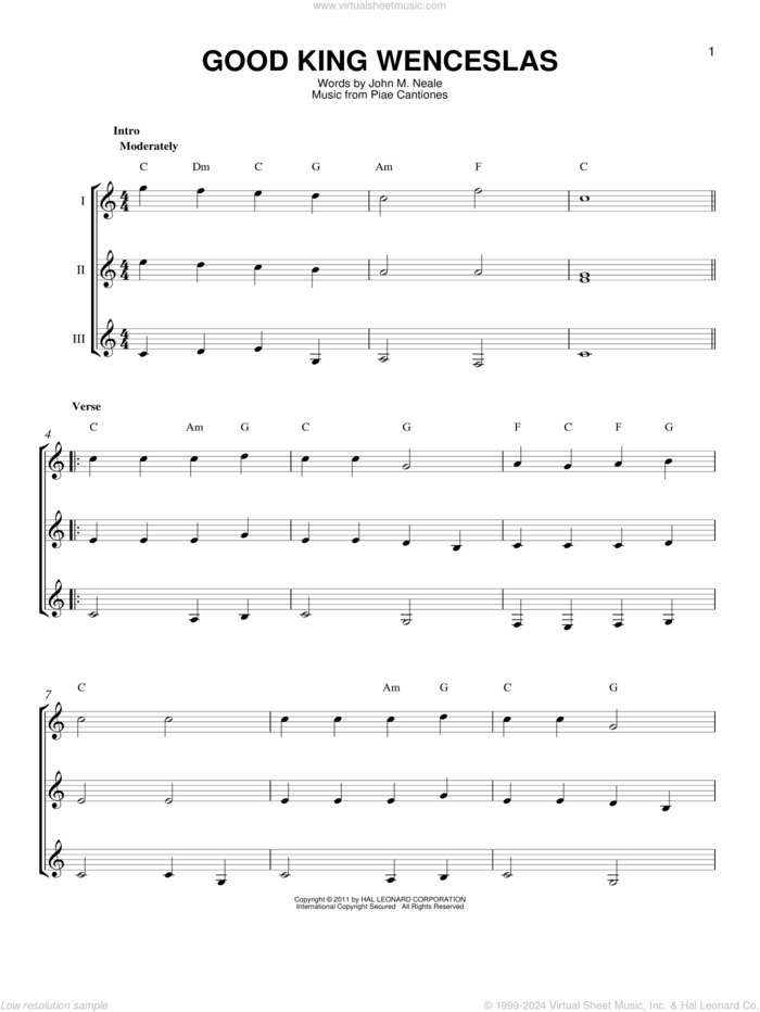 Good King Wenceslas sheet music for guitar ensemble by Piae Cantiones and John Mason Neale, intermediate skill level